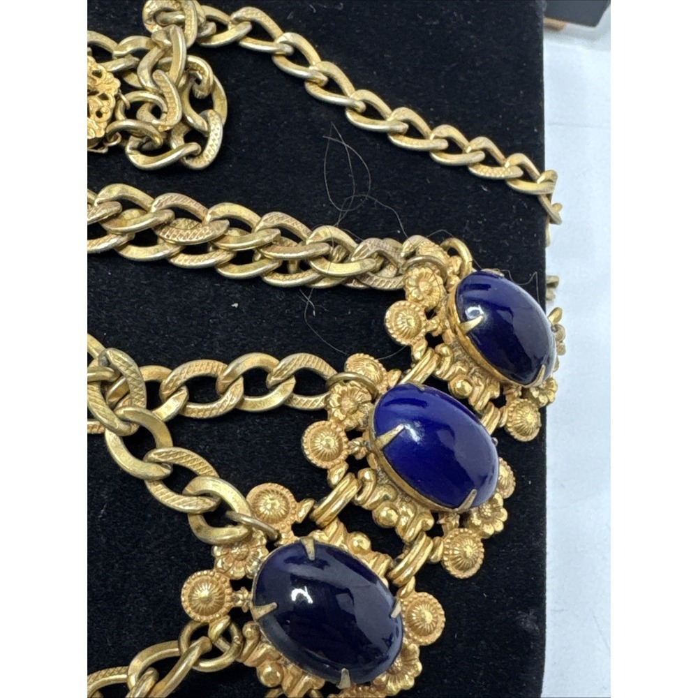 Vintage signed Miriam Haskell Gold Tone Lapis Necklace & Earrings - Picture 6 of 8